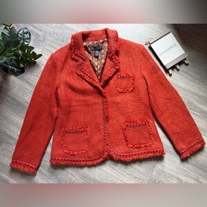 Dialogue Boucle Tweed Wool Blend Blazer Burnt Orange Frayed Edge. Size 14